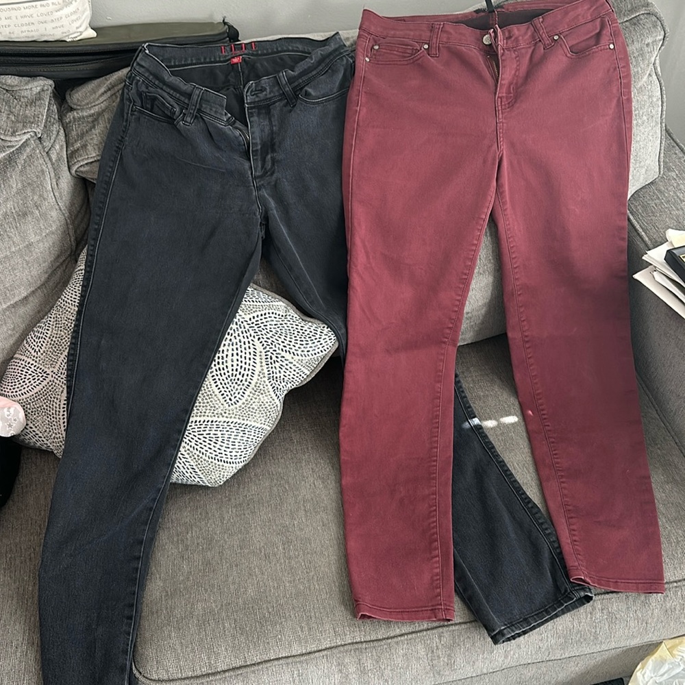 Two pairs of Jeans. Black ELLE jeans size 8 and maroon Celebrity Pink size 9